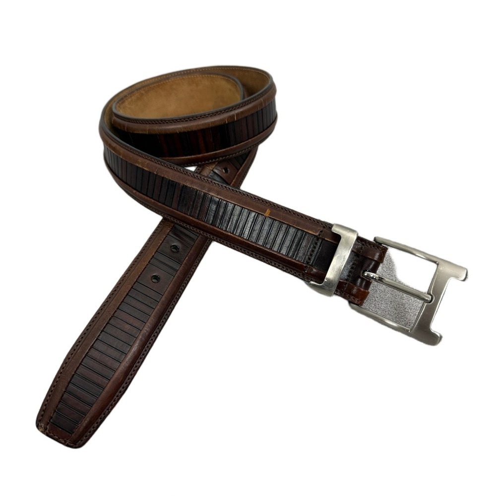 Mezlan Belt Mens 34 Brown Leather Dress Striped Texture Silver Buckle 1.25 *FLAW